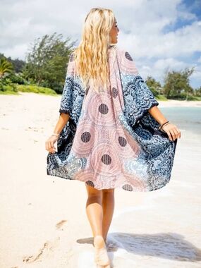 *LOTUS & LUNA*NWT*Paisley Print Pink & Blue Beach Kimono Cover-Up